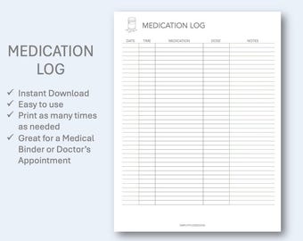 Könnte beinhalten: Ein druckbares Medikamententagebuch mit Spalten für Datum, Uhrzeit, Medikament, Dosis und Notizen. Das Tagebuch soll Menschen helfen, ihre Medikamente zu verfolgen.