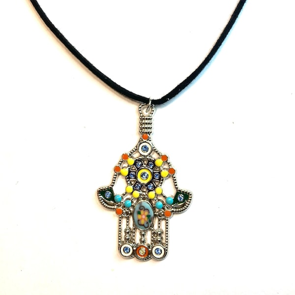 Colorful Hamsa Hand pendant with adjustable black leather cord