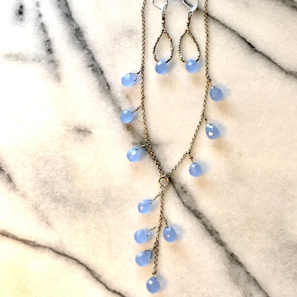 Blue chalcedony Y-Necklace set with matching earrings, sterling silver chain