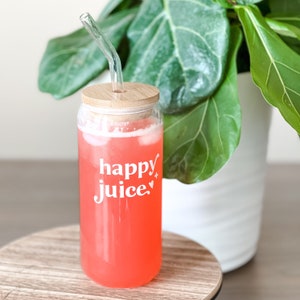 Happy Juice 20oz Ice Coffee Beer Can Glass Soda Cup Libbey Glass with Bamboo lid and Glass Straw