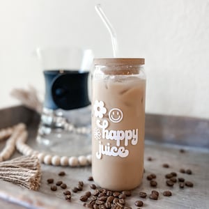 Happy Juice Boho 20oz Ice Coffee Beer Can Glass Soda Cup Libbey Glass with Bamboo lid and Glass Straw