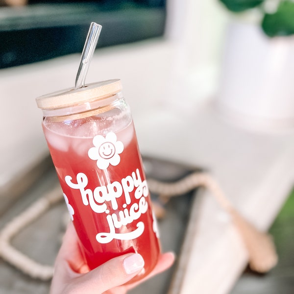 Happy Juice 20oz Ice Coffee Beer Can Glass with Bamboo lid and Glass Straw