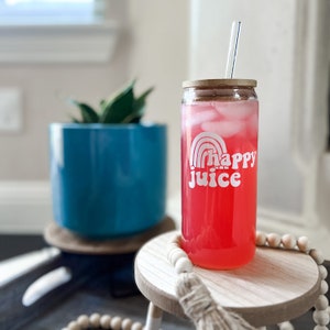 Happy Juice Rainbow 20oz Ice Coffee Beer Can Glass Soda Cup Libbey Glass with Bamboo lid and Glass Straw