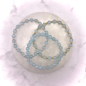 Genuine Aquamarine bracelet - 6mm round bead - Plain or Sparkle Design