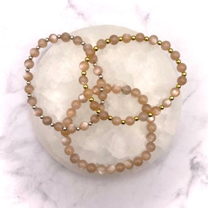 Genuine Peach Moonstone bracelet - 6mm round bead - Plain or Sparkle Design