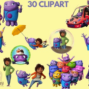 Puede incluir: Un conjunto de 30 imágenes de clipart digital con personajes de la película animada "Home". Las imágenes incluyen varios personajes, como los personajes principales Tip y Oh, así como otros personajes secundarios. Las imágenes son de estilo de dibujos animados y son perfectas para usar en manualidades, scrapbooking y otros proyectos creativos.