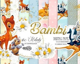 Könnte beinhalten: Ein Set mit 10 digitalen Papieren mit Bambi und seinen Freunden aus dem Disney-Film. Die Papiere sind 30,5 x 30,5 cm groß und haben eine Vielzahl von Farben und Mustern, darunter Rosa, Blau, Grün und Gelb. Die Papiere eignen sich perfekt für Scrapbooking, Kartenherstellung und andere Bastelprojekte.