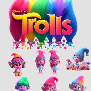 May include: A colorful illustration of the Trolls movie logo with a group of cartoon trolls in various poses. The logo features the word "Trolls" in a rainbow of colors.