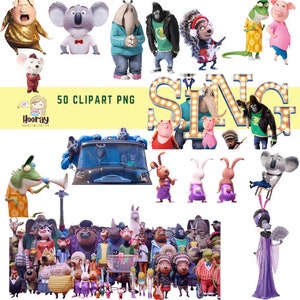 May include: A collection of 50 clipart images featuring characters from the animated movie Sing. The characters include a pig, a koala, an elephant, a gorilla, a hedgehog, a mouse, a rabbit, a llama, and a crocodile. The images are in PNG format and are perfect for use in crafts, scrapbooking, and other creative projects.