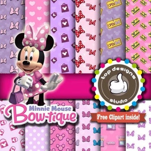 May include: A set of 10 digital papers featuring Minnie Mouse, bows, and other Minnie Mouse themed designs. The papers are in pink, purple, and white with polka dots and other patterns. The text "Minnie Mouse Bow-tique" is included in the image. Free clipart is also included.
