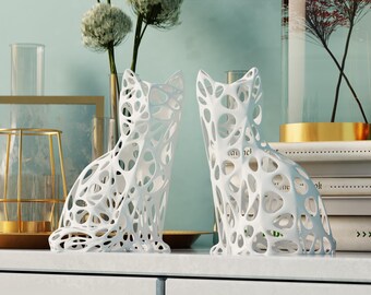 Voronoi Cat Sculpture – Modern White 3D Print Home Decor (22cm).