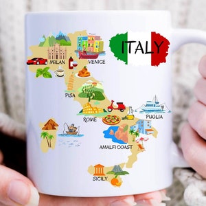 Mug carte de l'Italie, Mug à café de l'Italie personnalisé, Cadeau personnalisé, Cuisine italienne, Mug en céramique 11 oz