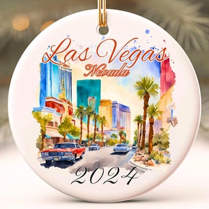 Adorno personalizado de Las Vegas, adorno personalizado de Las Vegas, acuarela de paisaje urbano, recuerdo de viaje de Nevada, decoración navideña, regalo festivo