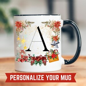 Caneca de café personalizada com inicial de Natal, caneca de café com monograma, presente de Natal de 11 onças