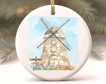 Dutch Christmas Ornament, Watercolor Windmill Flower Painting, Gift For Netherlands Lover, Netherlands Countryside, Housewarming Gift