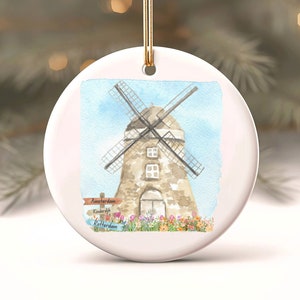 Dutch Christmas Ornament, Watercolor Windmill Flower Painting, Gift For Netherlands Lover, Netherlands Countryside, Housewarming Gift
