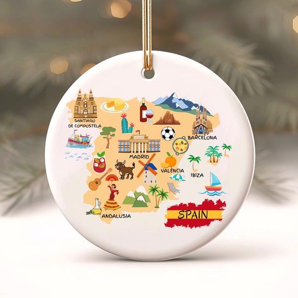 Adorno navideño de España, mapa del arte de España, regalo de Navidad de adorno español, decoración navideña de España