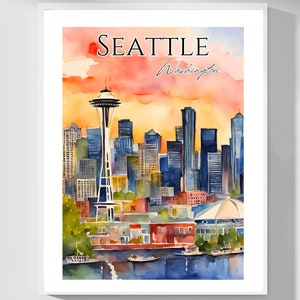 Seattle Washington Wall Art, Seattle Skyline Poster Print, Cityscape Home Decor, Office Decoration, Travel Gift, Minimalist Artwork