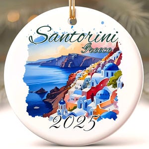 Santorini Griekenland kerstornament, aangepast Santorini-ornament, gepersonaliseerd Grieks kerstcadeau, aquarel Santorini vakantiedecor