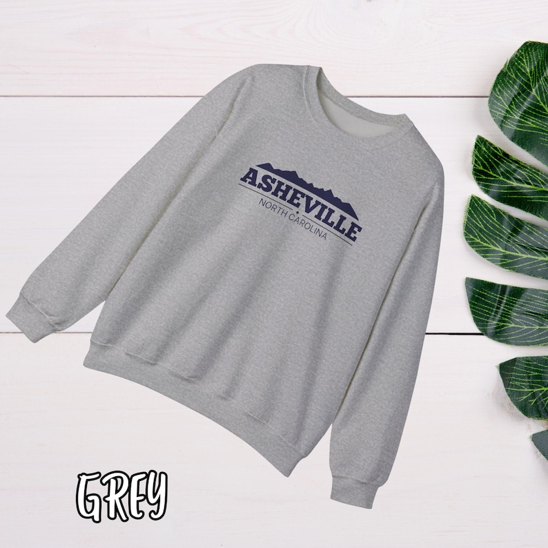 K&ouml;nnte beinhalten: Ein graues Sweatshirt mit dem Text "Asheville, North Carolina" und einem Bergpanorama-Motiv auf der Vorderseite.