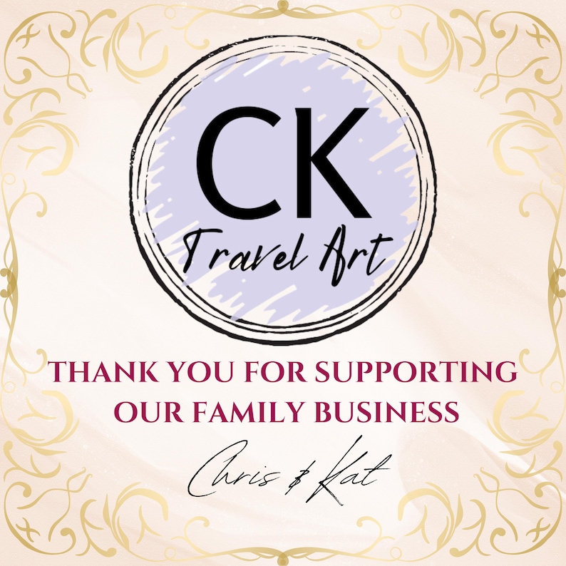 May include: A logo for a business called "CK Travel Art" with the initials "CK" in a circle with a purple background. The text "Thank you for supporting our family business" is below the logo, and the signature "Chris & Kat" is below that.