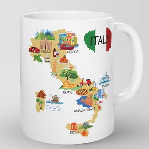 May include: White ceramic mug with a colorful illustration of a map of Italy. The map includes various landmarks and cities, including Milan, Venice, Pisa, Rome, Amalfi Coast, Sicily, and Puglia. The text "ITALY" is written in black letters on the map.