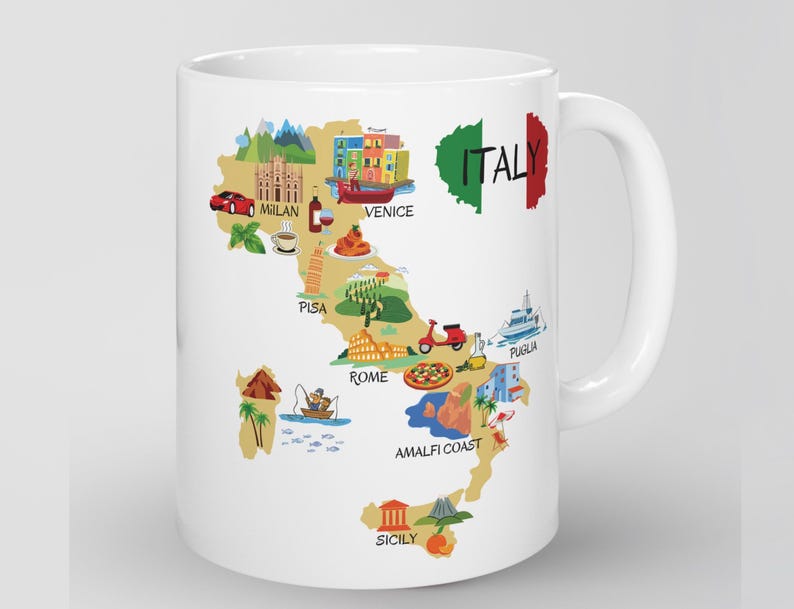 May include: White ceramic mug with a colorful illustration of a map of Italy. The map includes various landmarks and cities, including Milan, Venice, Pisa, Rome, Amalfi Coast, Sicily, and Puglia. The text "ITALY" is written in black letters on the map.