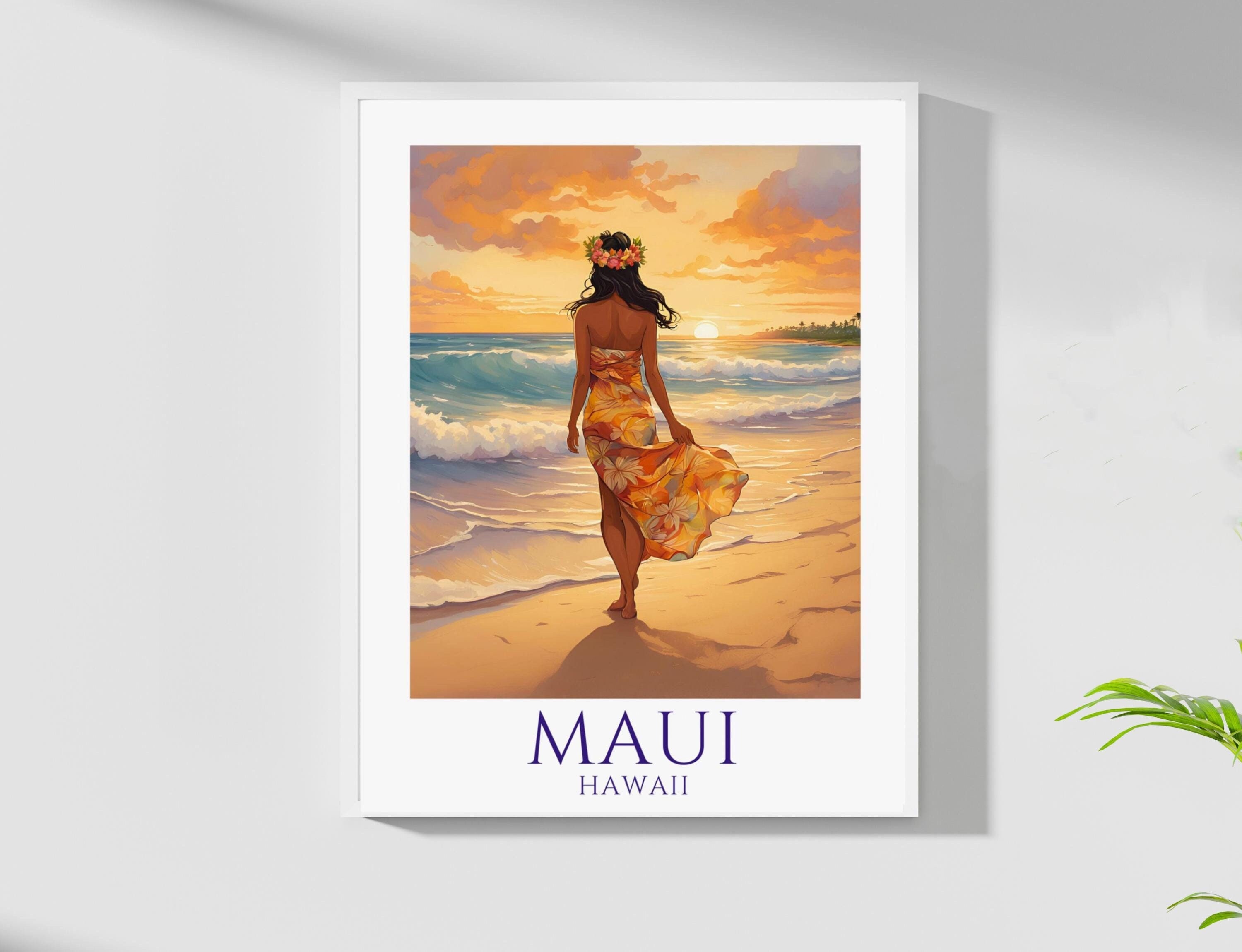 マウイ ハワイ ポスター プリント – 花柄のドレスとハイク レイを着た