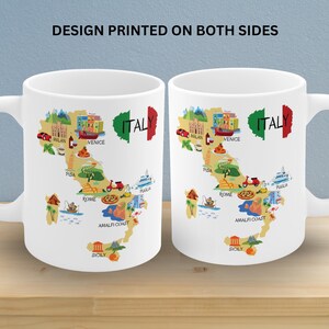 May include: White ceramic coffee mug with a colorful illustration of a map of Italy. The mug has the word "ITALY" printed in black letters on the side. The map includes various cities and landmarks, such as Milan, Venice, Rome, and Amalfi Coast.