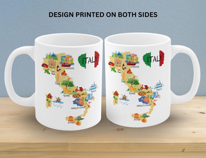 May include: White ceramic coffee mug with a colorful illustration of a map of Italy. The mug has the word "ITALY" printed in black letters on the side. The map includes various cities and landmarks, such as Milan, Venice, Rome, and Amalfi Coast.