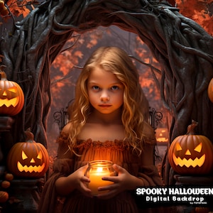 Halloween Digital Backdrop Photography Autumn Path Overlay with Pumpkins Halloween Digital Background Composite Scary Village Template JPG