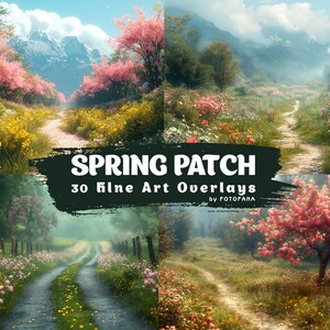May include: A set of 30 digital overlays featuring spring scenes with blooming flowers, lush greenery, and winding paths. The overlays are perfect for adding a touch of spring to your photos and designs.