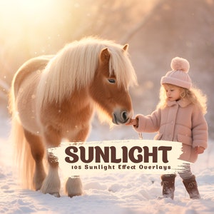 Op de afbeelding: Een jong meisje in een roze jas en een witte gebreide muts voert een bruin en wit pony in een besneeuwde winterse scène. De tekst "SUNLIGHT 105 Sunlight Effect Overlays" staat op een bruine penseelstreek achtergrond.