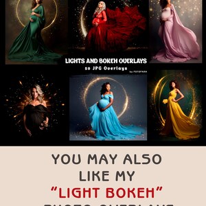 May include: A digital product listing for 50 JPG overlays featuring glowing circles and sparkling lights. The overlays are ideal for adding a magical touch to photos, especially maternity photos.