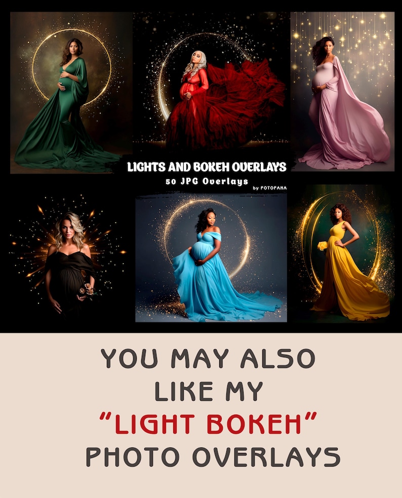 May include: A digital product listing for 50 JPG overlays featuring glowing circles and sparkling lights. The overlays are ideal for adding a magical touch to photos, especially maternity photos.