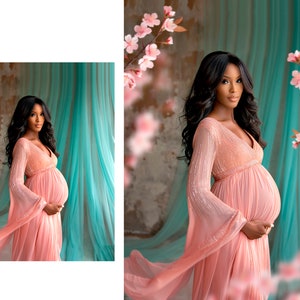 May include: A pregnant woman in a peach-colored gown with long sleeves and a flowing skirt stands in front of a turquoise backdrop. The gown has a V-neckline and is adorned with delicate sequins. The woman's hair is long and black, and she is looking directly at the camera.