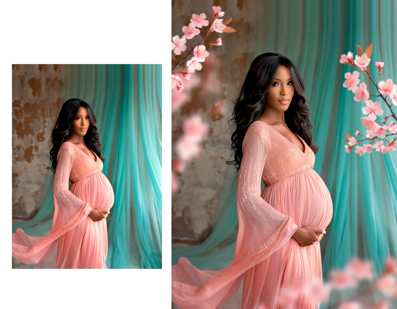May include: A pregnant woman in a peach-colored gown with long sleeves and a flowing skirt stands in front of a turquoise backdrop. The gown has a V-neckline and is adorned with delicate sequins. The woman's hair is long and black, and she is looking directly at the camera.