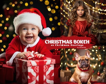 May include: A set of 40 Christmas bokeh overlays for use in photo editing. The overlays feature a variety of festive lights and patterns, ideal for adding a touch of holiday magic to your photos.