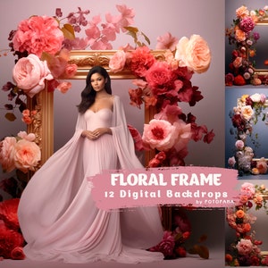 Könnte beinhalten: Ein Set mit 12 digitalen Hintergründen mit floralen Rahmen mit rosa, roten und weißen Blumen. Die Hintergründe sind perfekt für Fotografen und Grafikdesigner, die wunderschöne und einzigartige Bilder erstellen möchten.