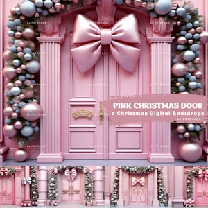 Peut inclure: Fond d'écran numérique de porte de Noël rose avec un grand nœud rose et une guirlande d'ornements roses et argentés. Le texte "PINK CHRISTMAS DOOR 5 Christmas Digital Backdrops by FOTOPARA" est en bas de l'image.