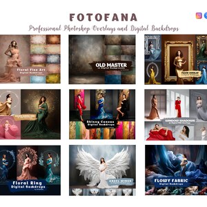 Może przedstawiać: Kolaż dziewięciu cyfrowych tła dla fotograf&oacute;w, z r&oacute;żnymi motywami, takimi jak kwiaty, stary mistrz, skrzydła anioła i płynna tkanina. Każde tło to cyfrowy obraz, kt&oacute;ry można wykorzystać do stworzenia r&oacute;żnych tła do zdjęć.