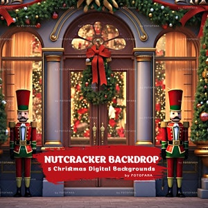 Könnte beinhalten: Ein digitaler Hintergrund mit einer Ladenfront, vor der zwei Nussknacker stehen. Die Ladenfront ist mit Weihnachtsgrün, roten Schleifen und Kugeln geschmückt. Der Text "NUTCRACKER BACKDROP 5 Christmas Digital Backgrounds by FOTOPARA" ist am unteren Rand des Bildes zu sehen.