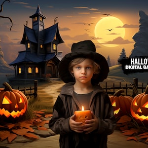Halloween Digital Backdrop Spooky Haunted House Background Halloween Autumn Path Overlay with Pumpkins Halloween Composite Instant Download