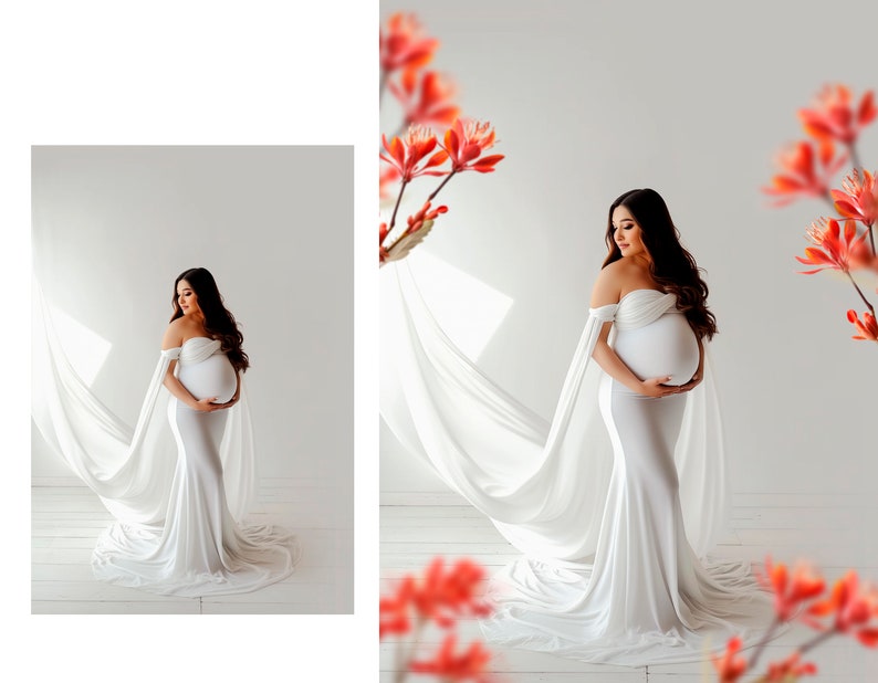 May include: A pregnant woman in a white off-the-shoulder gown with a flowing train, standing in a white studio with a white backdrop. She is holding her belly and looking down.