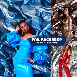 May include: Three women pose in front of different colored crumpled foil backdrops. The woman on the left wears a bright blue, shiny, long-sleeved dress. The woman in the middle wears a gold body suit. The woman on the right wears a red jumpsuit with a plunging neckline. The text "FOIL BACKDROP 45 Digital Backdrops by FOTOFANA" is visible in the center of the image.