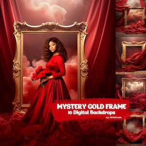 Pode incluir: Uma mulher com um vestido vermelho está em frente a uma moldura dourada adornada. A moldura está colocada sobre um fundo de veludo vermelho. A imagem faz parte de um conjunto de 10 cenários digitais chamados "Mystery Gold Frame" de FotoFana.