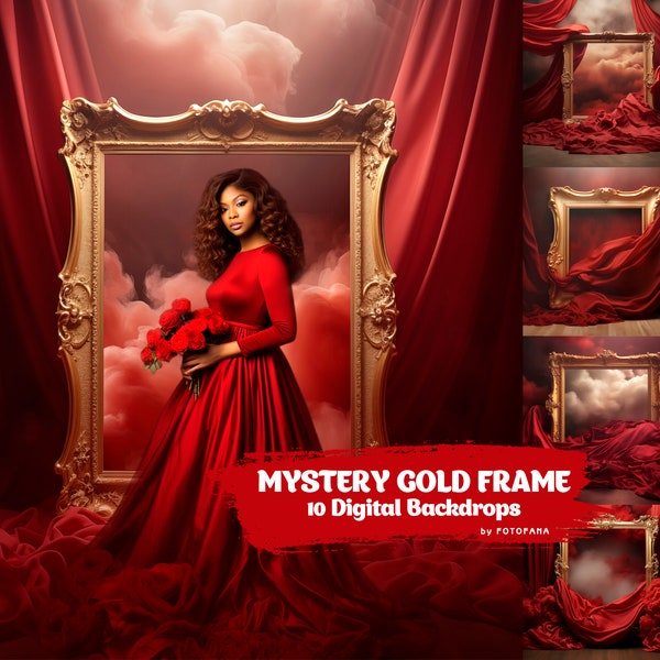 10 Mystery Gold Frame Digital Backdrops Maternity Overlays Flowing Fabric Studio Fine Art Textures Photoshop Overlays Red Digital Background