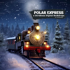5 Christmas Digital Backdrop Polar Express Goind To Santa's Workshop Snow Winter Background Digital Holiday Photography North Pole Train JPG