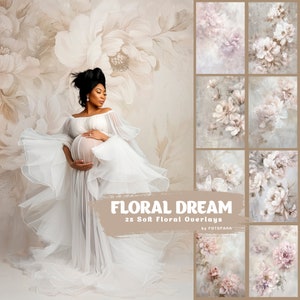May include: A pregnant person in a white tulle gown poses in front of a soft, beige floral backdrop. The text "FLORAL DREAM 25 Soft Floral Overlays by FOTOGRANA" is displayed below the person.
