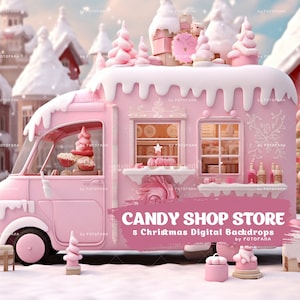 Christmas Digital Background Gingerbread Car Digital Backdrop Holiday Phogtography Overlay for kids Toddlers Pets Christmas Candy Shop Store